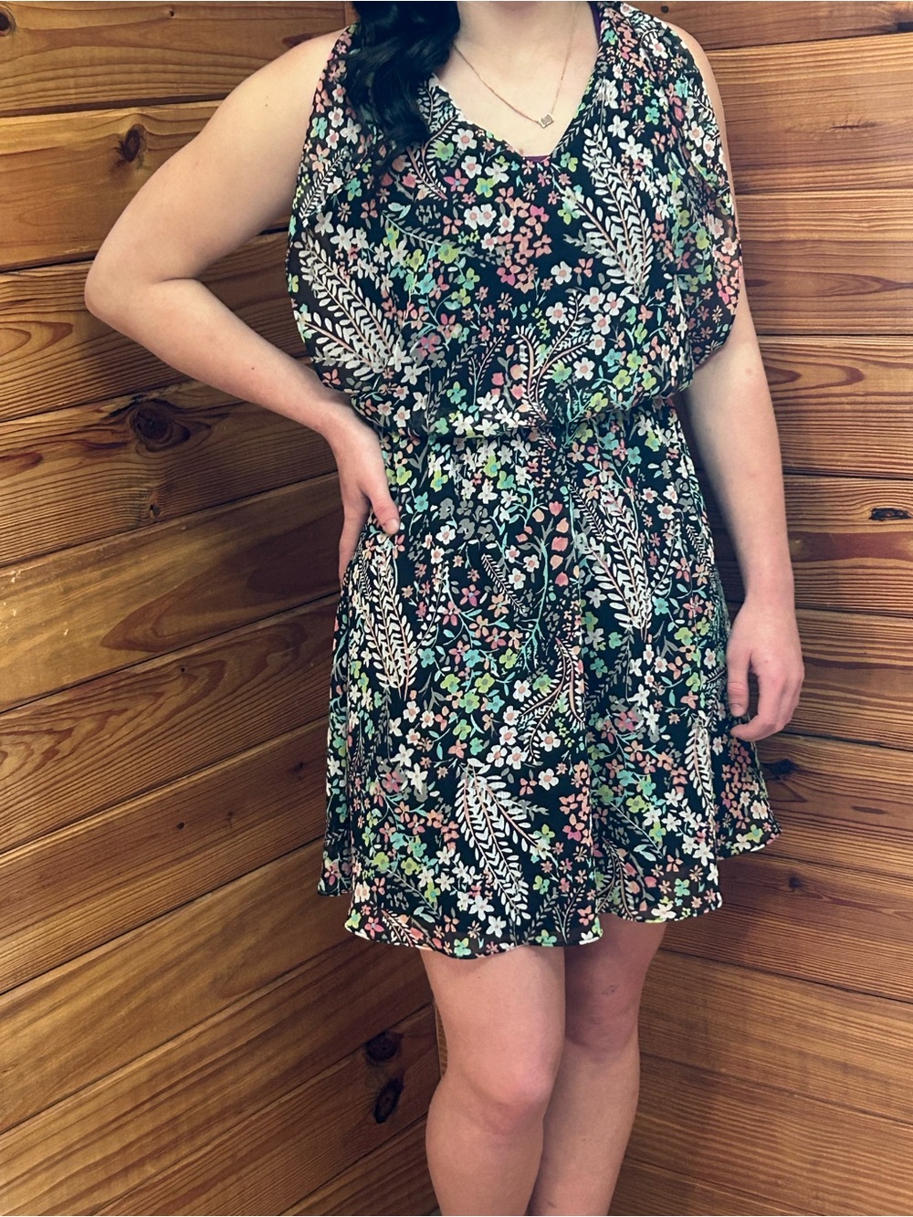Candies Black Floral Mini Dress with Pink & Green Accents